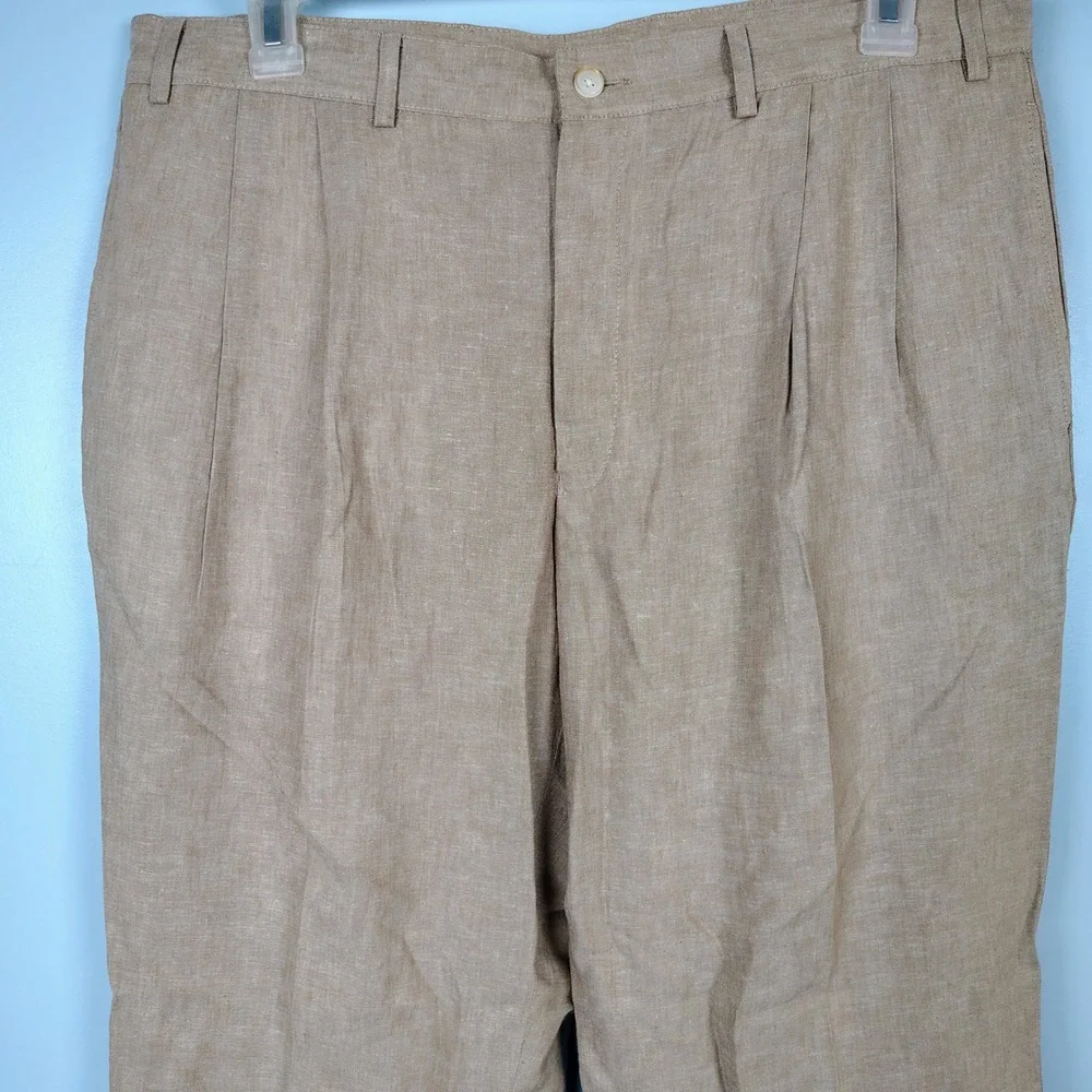 Alan Flusser Mens Pleated Linen Rayon Blend Trousers Tan Khaki 38x30 Cuffed